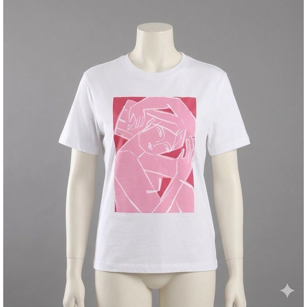 Women's Zara White T-shirt with Pink Print - Size L. 100% Cotton